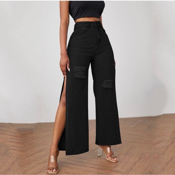 Slit Wide Leg Distressed High Waisted Loose Jeans Pants Size 27”waist - Picture 4 of 10